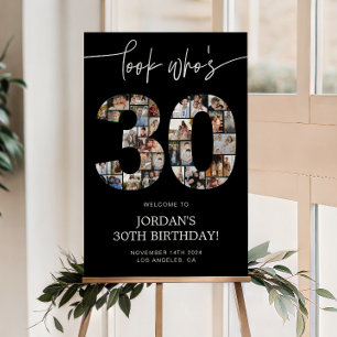 Black 30th Birthday Photo Collage Welcome Sign