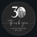 Black 30th Birthday Thank You Classic Round Sticker<br><div class="desc">Add a personal touch to your party favors with this customizable 30th birthday sticker! Designed to make your milestone celebration extra special, this sticker allows you to add your own photo and personalize the text for a unique keepsake. Perfect for attaching to party favors, gift bags, or thank-you gifts, this...</div>