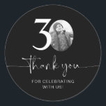 Black 30th Birthday Thank You Classic Round Sticker<br><div class="desc">Add a personal touch to your party favors with this customizable 30th birthday sticker! Designed to make your milestone celebration extra special, this sticker allows you to add your own photo and personalize the text for a unique keepsake. Perfect for attaching to party favors, gift bags, or thank-you gifts, this...</div>