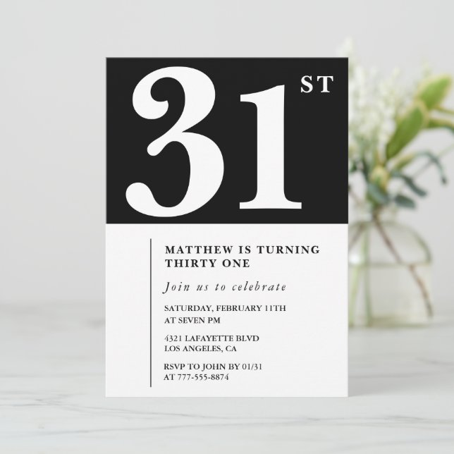 Black 31st birthday invitation Elegant Chic Simple (Standing Front)