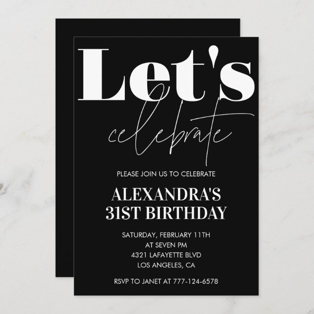 Black 31st birthday invitations Bold Typography  (Front/Back)