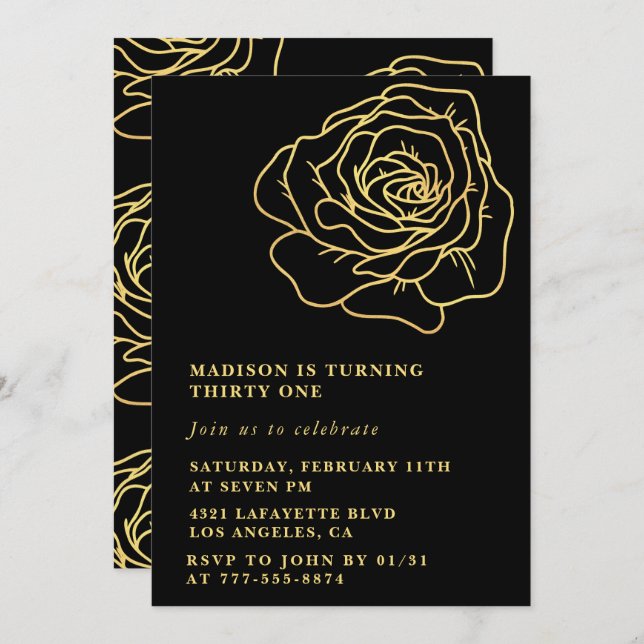 Black 31st birthday invitations Gold Floral (Front/Back)
