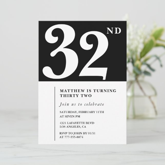 Black 32nd birthday invitation Elegant Chic Simple (Standing Front)