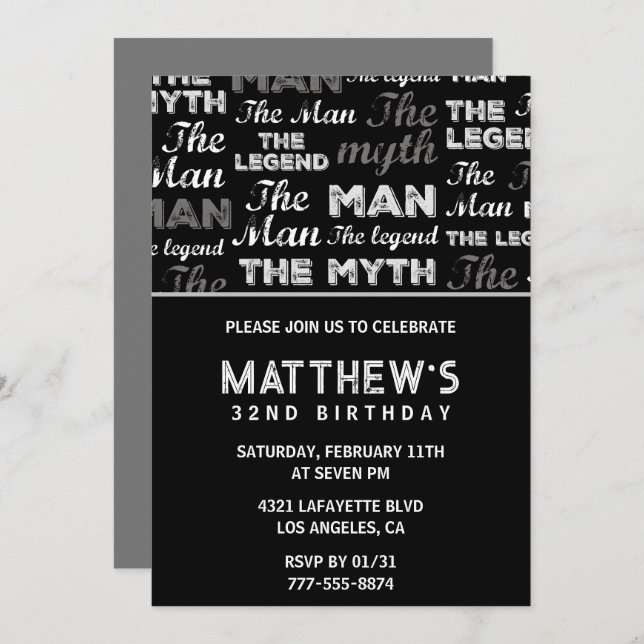 Black 32nd birthday invitation for him Myth Legend (Front/Back)