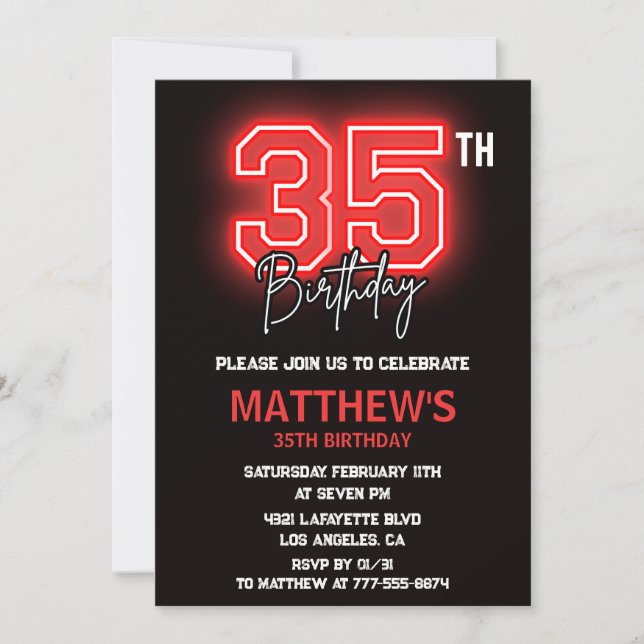 Black 35th birthday invitations Men Neon (Front)