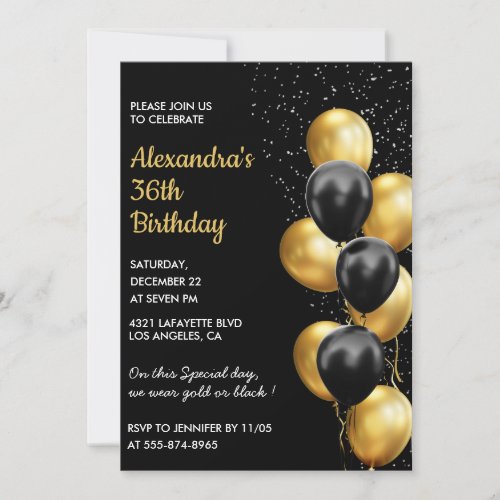 Black 36th birthday invitations Gold Glitter Glam
