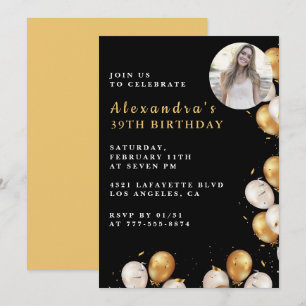 Black 39th birthday invitation Gold Balloon Photo 