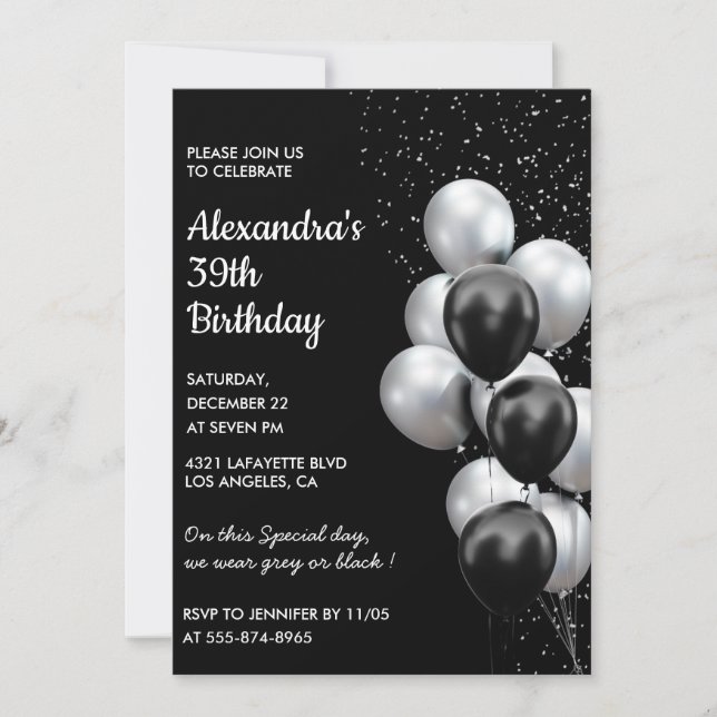 Black 39th birthday invitations Balloons Silver (Front)