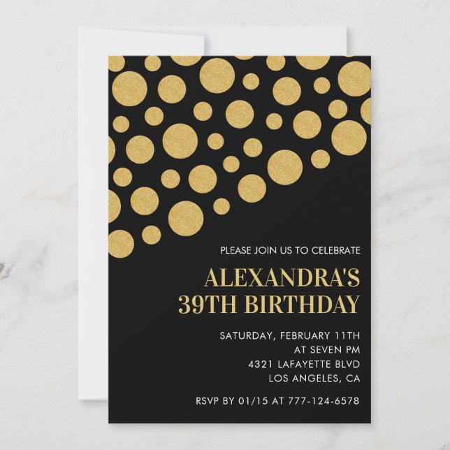 Black 39th birthday invitations Gold Confetti (Front)
