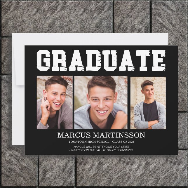  Black 3 Photo Graduation Announcement (Black and white 3-photo graduation announcement for him. High School or College graduates)