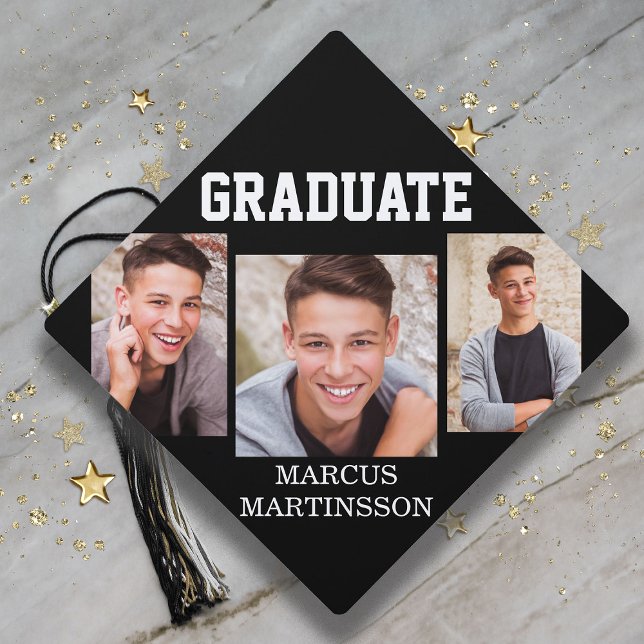  Black 3 Photo Graduation  Graduation Cap Topper (Black and white graduation 3-photo cap topper)