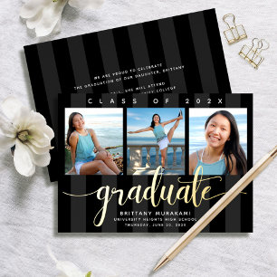 Black 3 photo graduation modern script real gold foil invitation