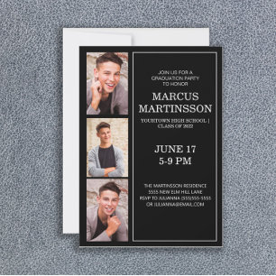 Black 3 Photo Modern Graduation Party Invitation