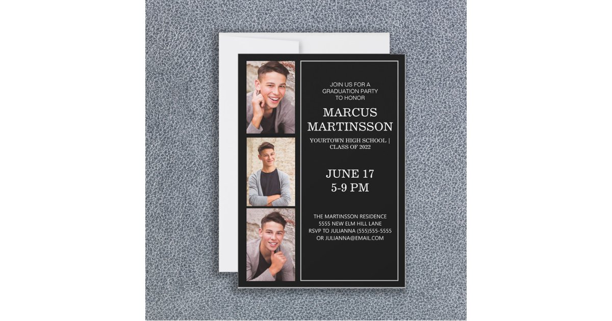 Black 3 Photo Modern Graduation Party Invitation | Zazzle