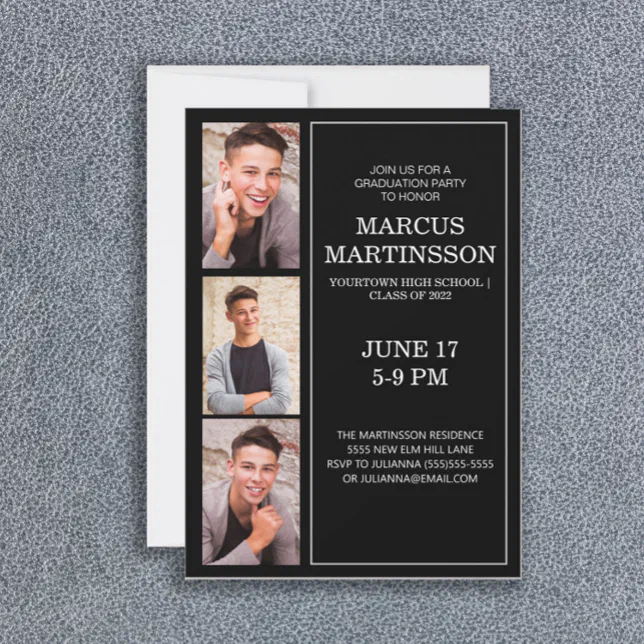 Black 3 Photo Modern Graduation Party Invitation | Zazzle