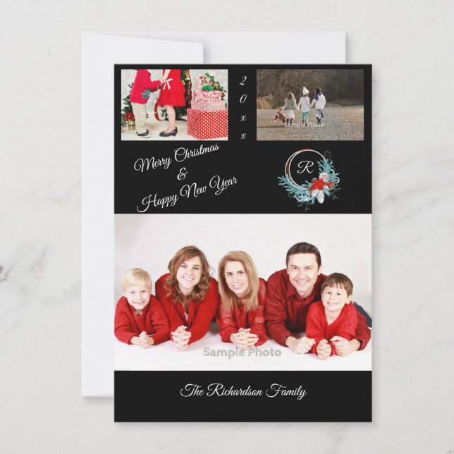 Black 3 photo Personalized Christmas Card (Front)