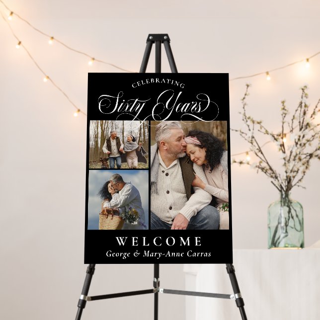 Black 3 Photos 60th Wedding Anniversary Welcome Foam Board (In Situ (Stand))