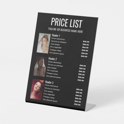 Black 3 Photos Makeup Artist Price List Pedestal Sign