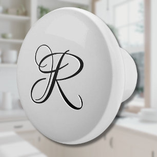 Black 3D Calligraphy Initial Letter Pastel Grey Ceramic Knob