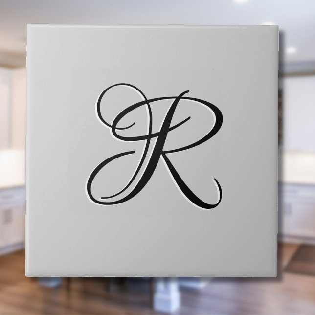 Black 3D Calligraphy Initial Letter | Pastel Grey Ceramic Tile (Creator Uploaded)