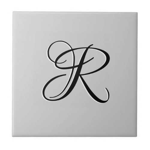 Black 3D Calligraphy Initial Letter  Pastel Grey Ceramic Tile