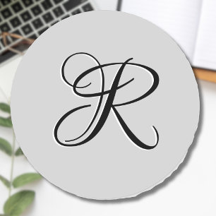 Black 3D Calligraphy Initial Letter Pastel Grey Classic Round Sticker