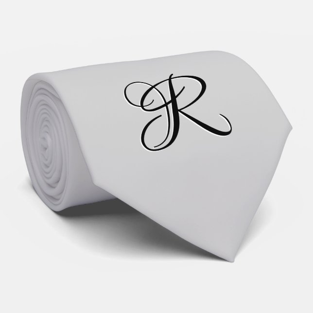 Black 3D Calligraphy Initial Letter | Pastel Grey Neck Tie (Rolled)