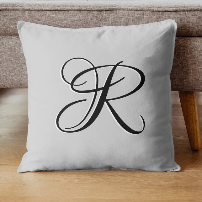 Black 3D Calligraphy Initial Letter | Pastel Grey Throw Pillow (Creator Uploaded)