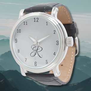 Black 3D Calligraphy Initial Letter Pastel Grey Watch