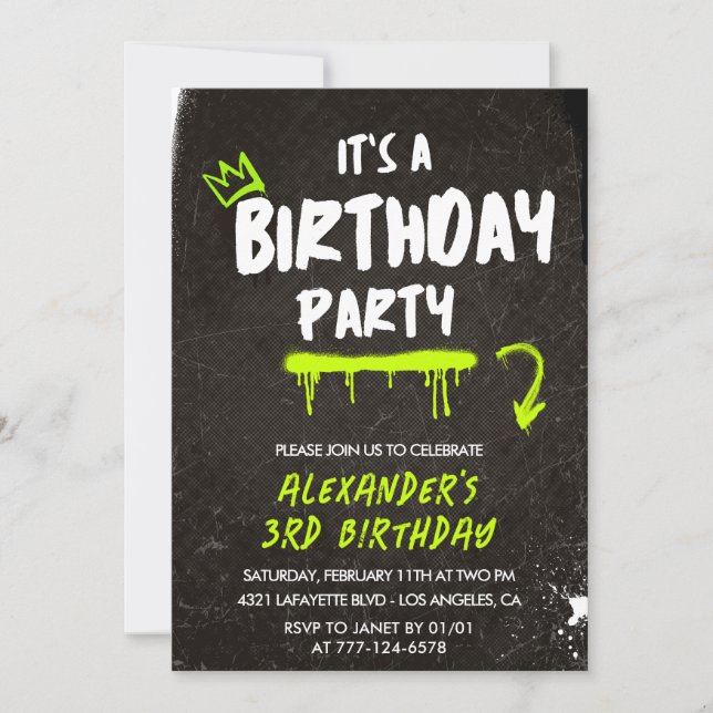 Black 3rd birthday invitations boy Graffiti Paint (Front)