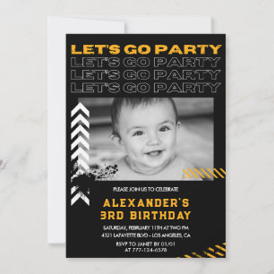 Black 3rd birthday invitations Boy Photo Spray