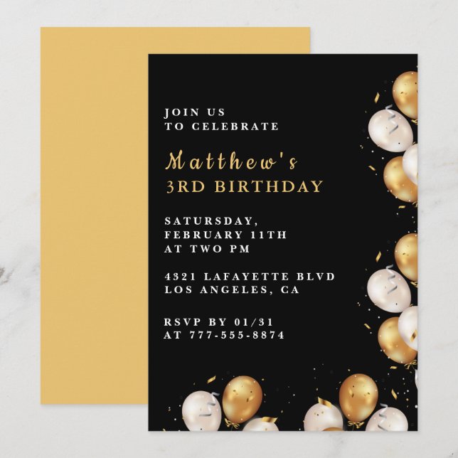 Black 3rd birthday invitations Gold Balloon Boy (Front/Back)