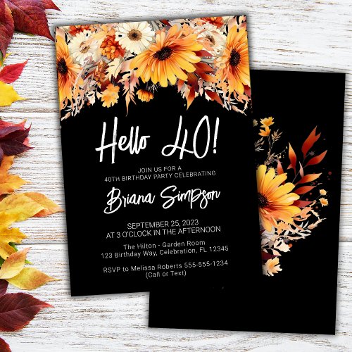 Black 40th Birthday Fall Floral Invitation