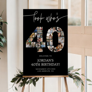 Black 40th Birthday Photo Collage Welcome Sign