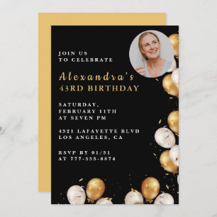 Black 43rd birthday invitation Gold Balloon Photo