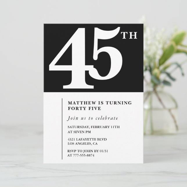 Black 45th birthday invitation Elegant Chic Simple (Standing Front)