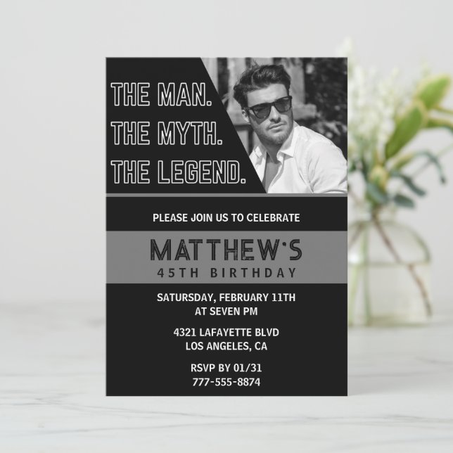 Black 45th birthday invitations The Man The Legend (Standing Front)