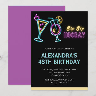Black 48th birthday invitations Cocktail Neon Glow