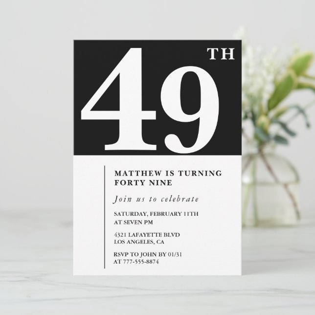 Black 49th birthday invitation Elegant Chic Simple (Standing Front)