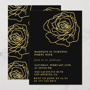 Black 49th birthday invitations Gold Floral