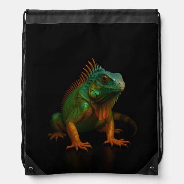 Black 4 Luxe Backpack, Green Iguana Drawstring Bag (Front)