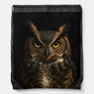 Black 4 Luxe Drawstring backpack, Golden Eye Owl Bag