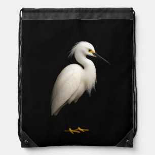 Black 4 Luxe Drawstring backpack, Snowy Egret Drawstring Bag