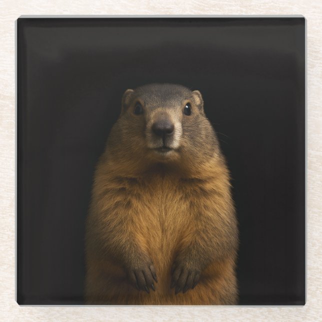 Black 4 Luxe Glass coaster, Fluffy Marmot Coaster (Front)