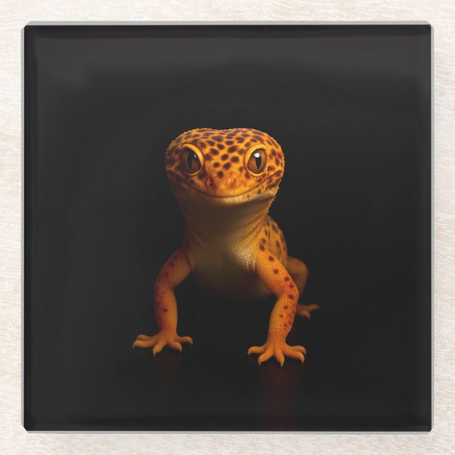 Black 4 Luxe Glass coaster, Gecko Leopard Lizard Coaster (Front)