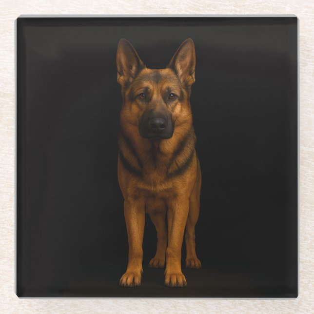 Black 4 Luxe Glass coaster, German Shepherd Dog Glass Coaster (Front)