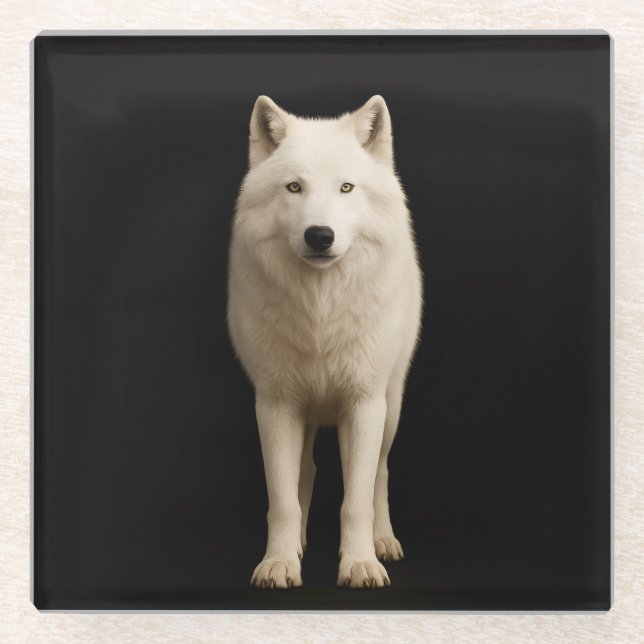 Black 4 Luxe Glass coaster, Ivory Arctic Wolf Coaster (Front)