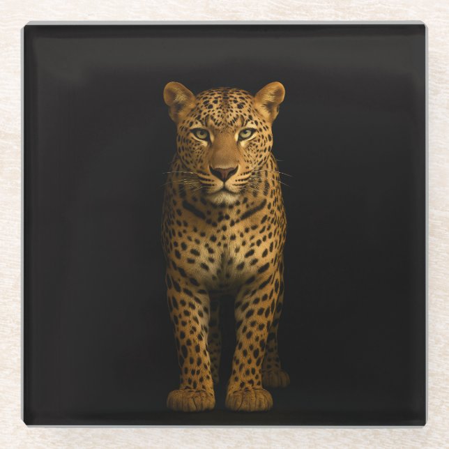 Black 4 Luxe Glass coaster, Majestic Leopard Glass Coaster (Front)