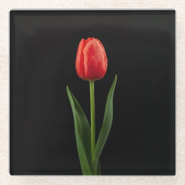 Black 4 Luxe Glass coaster, Ruby Red Tulip Glass Coaster (Front)