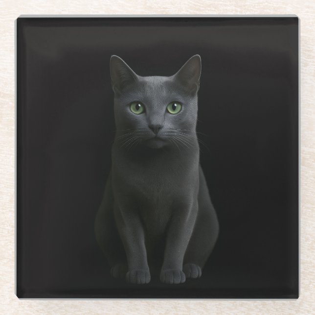 Black 4 Luxe Glass coaster, Russian Blue Cat Coaster (Front)